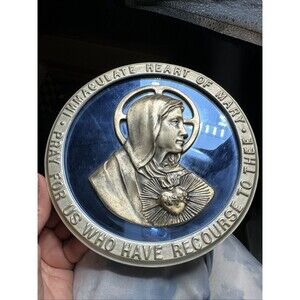 Vintage Immaculate Heart of Mary Blue Mirror Wall Art Round Religious 7”